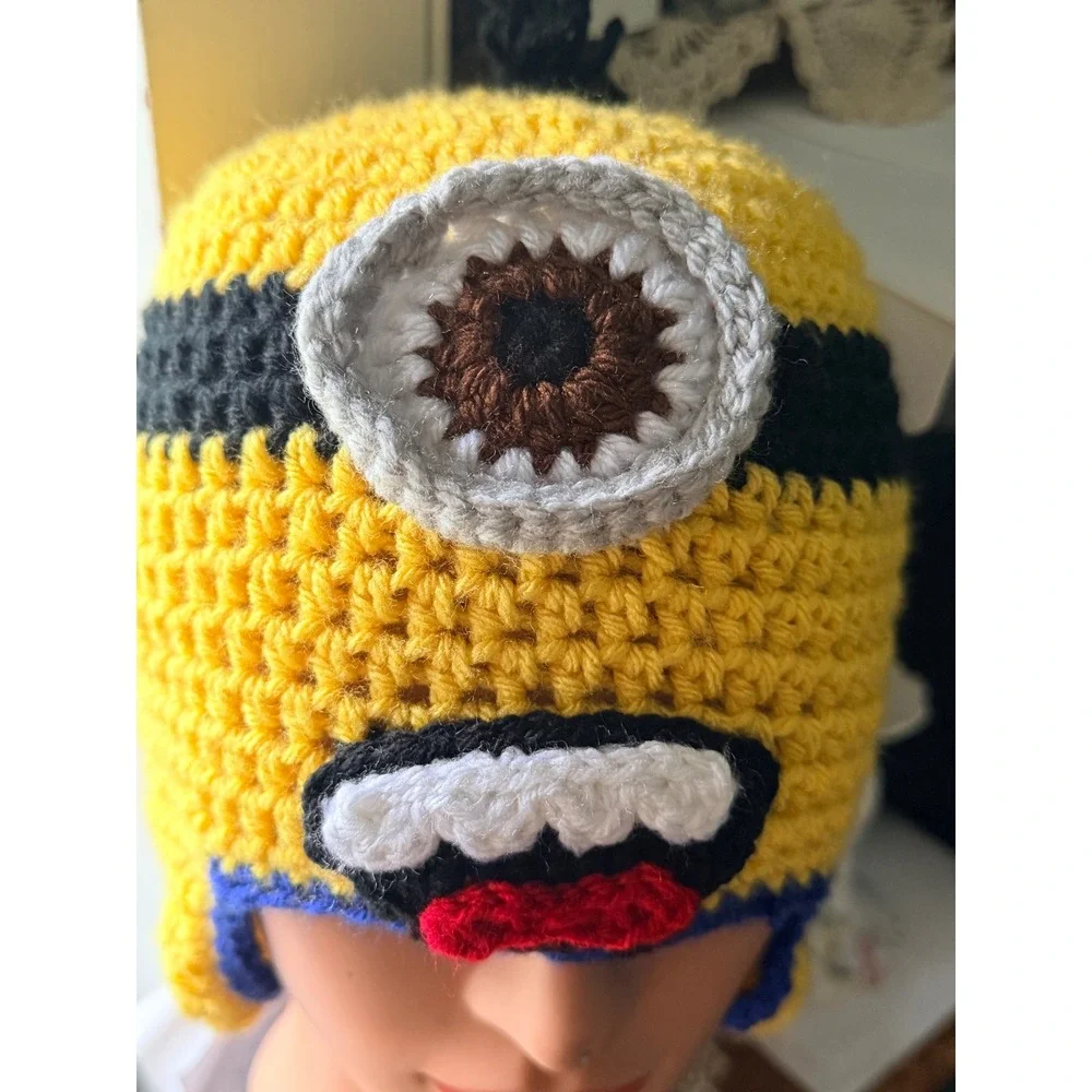 Handmade Minion Crochet Beanie Kids OS Yellow Earflap Character Hat uniex